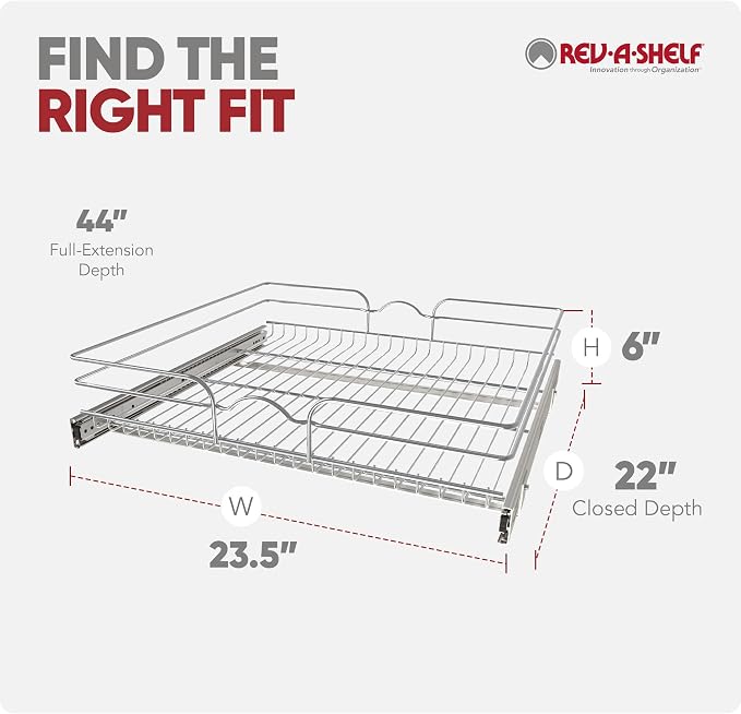 Rev-A-Shelf Steel Wire Pullout Drawer Organizer Shelf for Kitchen Cabinets, Slide Out Storage Basket, Min Opening Width of 23.5", 24" x 22", 5WB1-2422CR-1