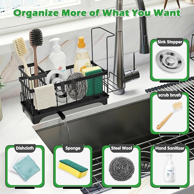Sponge Holder for Kitchen Sink, Self-Draining Sink Caddy with Detachable Cloth & Dish Brush Rack, Metal Sponge Caddy Organizer for Kitchen Countertop Organizers and Storage Accessories, Black