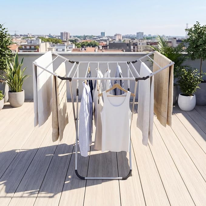 GOFLAME Clothes Drying Rack, Laundry Drying Rack with 2 Foldable Wings, 14 Drying Rods, Free-Standing Collapsible Laundry Airer for Clothes, Towels, Bed Linens, Indoor Outdoor Use, No Assembly Needed