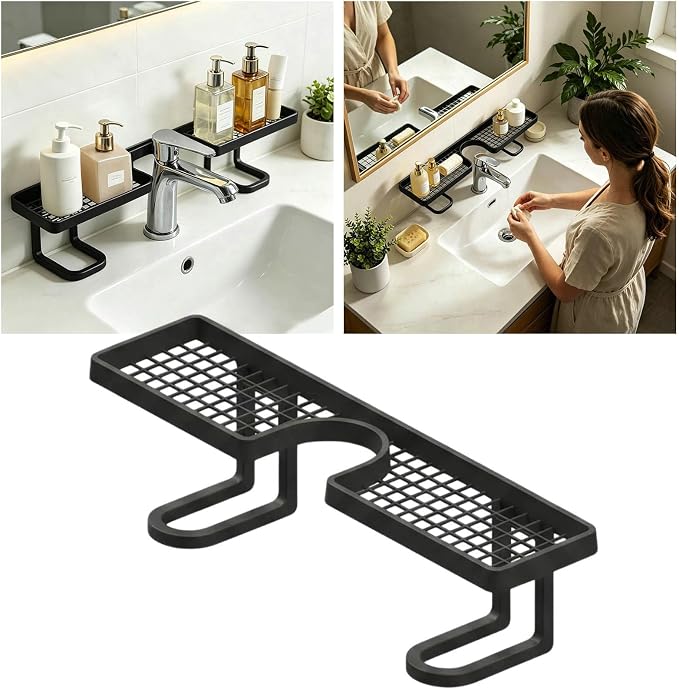 Over Sink Faucet Storage Rack, No Drill Free Standing Faucet Organizer Shelf with Drainage Design, Space Saving Countertop Storage for Kitchen and Bathroom (Black)
