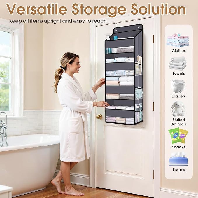 WISELIFE Over The Door Organizer Storage with 4 Large Pockets Door Hanging Organizer with Clear Windows behind The Door Storage for Nursery Bedroom Bathroom Pantry Closet and Baby Essentials Dark Grey