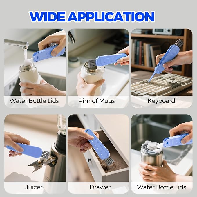 Holikme 6 Pack 4 in 1 Cup Lid Cleaning Brush 3 Straws Bottle Brush,Blue | 4 in 1 Cup Lid Cleaning Brush Multifunctional Bottle Brush, Silicone Cup Lid Gap Cleaner, Bristle Crevice Cleaning Brush