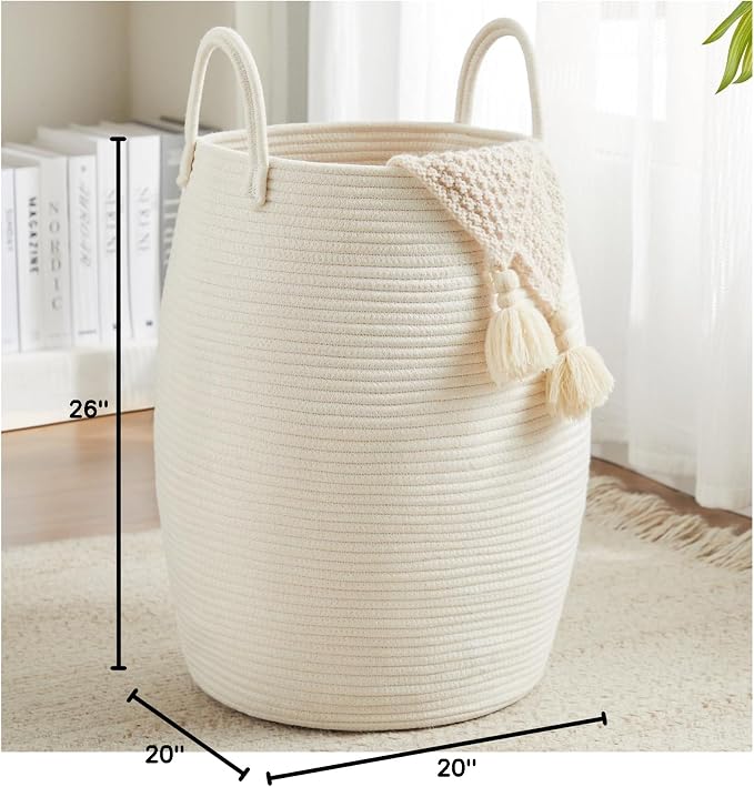Extra Large Laundry Hamper Basket 105L Woven Blanket Basket, Beige | Tall Clothes Hamper, Rope Wicker Laundry Basket, Storage Basket for Toys, Dirty Cothes in Bedroom, Living Room Organizer