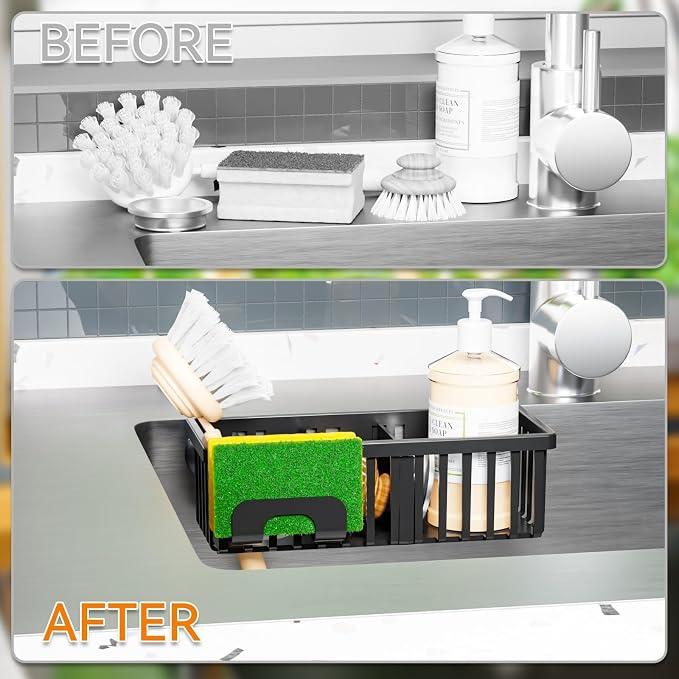 Yieach 3 in 1 Kitchen Sink Caddy Sponge Holder with Suction Cup and Adhesive,Plastic Rust-Proof kitchen Scrubber,Dish Scrub,Dish Soap Holder,Black Hanging Sponge Rack and In Sink Organizer Essentials