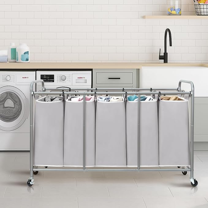 STORAGE MANIAC 5 Section Laundry Sorter, 5 Bins Rolling Separator Laundry Basket, Dirty Clothes Hamper Divider with Heavy Duty Lockable Wheels, Large Clothes Organizer Cart, Gray