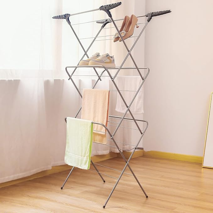 3 Tier Clothes Airer Drying Indoor and Outdoor, Laundry Rack with Non-Slip Feet and Corner Spaces for Hangers, Flat Foldable for Space Saving Washing Line, 20m Drying Space