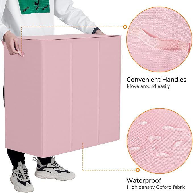WOWLIVE 180L Laundry Hamper 3 Section, Large Laundry Basket with Lid | Dirty Clothes Hampers with Removable Bags and Handles, Collapsible Laundry Basket Organizer for Dorm Room, College, Pink
