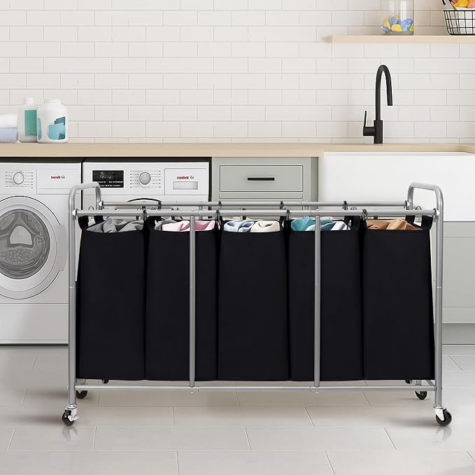 STORAGE MANIAC 5 Section Laundry Sorter, 5 Bins Rolling Separator Laundry Basket, Dirty Clothes Hamper Divider with Heavy Duty Lockable Wheels, Large Clothes Organizer Cart, Black