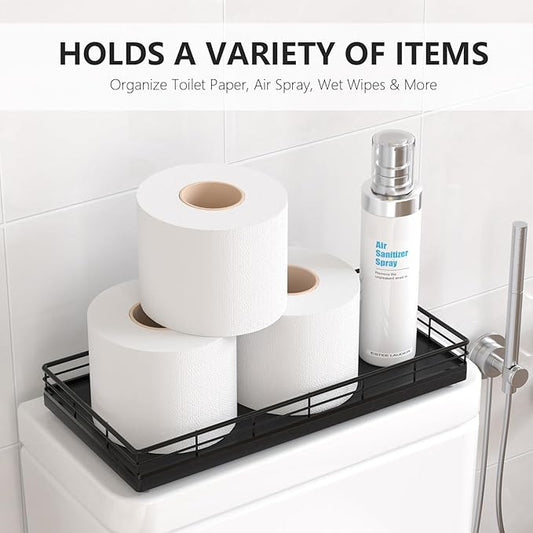 Toilet Paper Basket Organizer – Oak Wood Toilet Tank Tray with Metal Frame, Bathroom Counter Top Storage for Toilet Paper, Wipes & Decor, Modern Narrow Back of Tank Shelf Organizer, Black