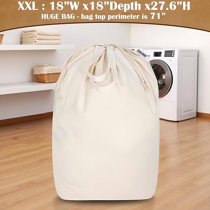 Canvas Laundry Bag with Handles & Square Base, XXL 18"Wx18"Dx27.6"H, Beige | Extra Large Heavy Duty Laundry Basket Hamper Liner Replacement, Washable Drawstring Dirty Clothes Bag, Canvas Storage Sack