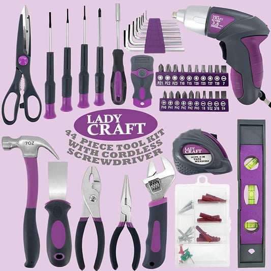 44PCS 4V Cordless Screwdriver Tool Kit Set Pink Color Tools Lady Tools Kit Home Repair Set Toolbox Hand Tool Kit Storage Case Gift Set LADYCRAFT