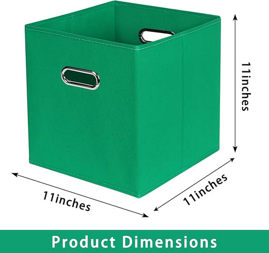 Green Foldable Storage Bins, 11x11x11, Set of 6, (Fabric Cube Organizer with Handle, for Cloth or Accessory Storage)