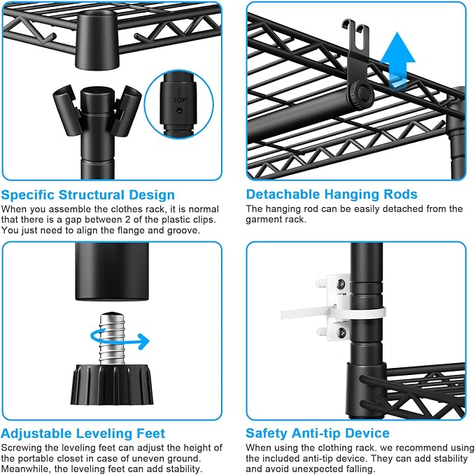 Ulif E13 Max Heavy Duty Clothes Rack(With 4 Hanger Rods & 8 Shelves) Freestanding Clothing Racks for Hanging Clothes,Adjustable Closet,Metal Garment Rack 86" W x16 D x77 H,Max Load 1100LBS,Black