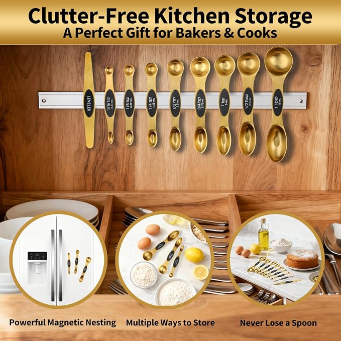 Gold Magnetic Measuring Cups & Spoons Set of 16, 7 Stainless Steel Measuring Cups, 8 Double-Sided Measuring Spoons & 1 Leveler, Premium Finish Baking Tools Kitchen Gadget for Dry & Liquid Ingredients