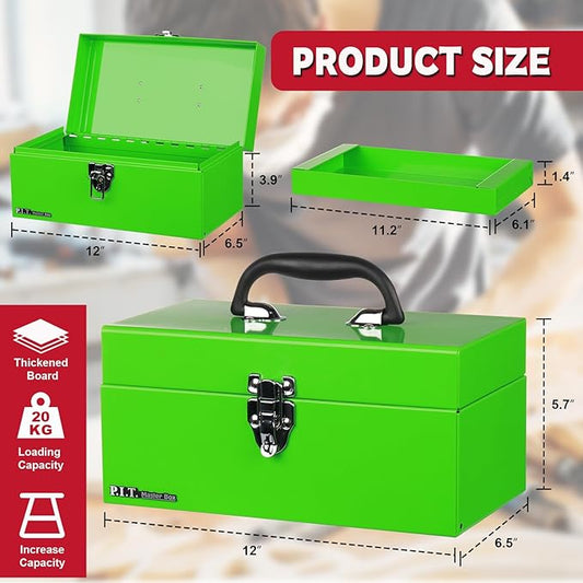 P.I.T. 12 Inch Tool Box,Portable Small Steel ToolBox with Metal Latch Closure for Household, Warehouse,Tools Storage,Green