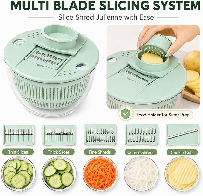 Multifunctional Salad Spinner with Slicer, 3 in 1 Vegetable Fruit Washer Dryer, Kitchen Chopper Tool Set with 5 Interchangeable Blades Egg Separator Large Lettuce Dehydrator | White-transparent