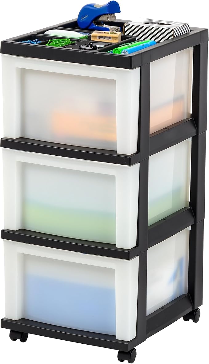 IRIS USA 3-Drawer Rolling Storage Cart, Black/Pearl | Keep craft supplies, office essentials, classroom items, and accessories organized with easy-access drawers for daily use