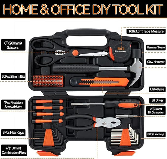 MARTCOLOR 58 Piece Household Tool Set, General Household Hand Tool Kit with Plastic Toolbox Storage Case, All Purpose Household Tool Kit for Home, Garage, Office and College Dormitory Use, Orange