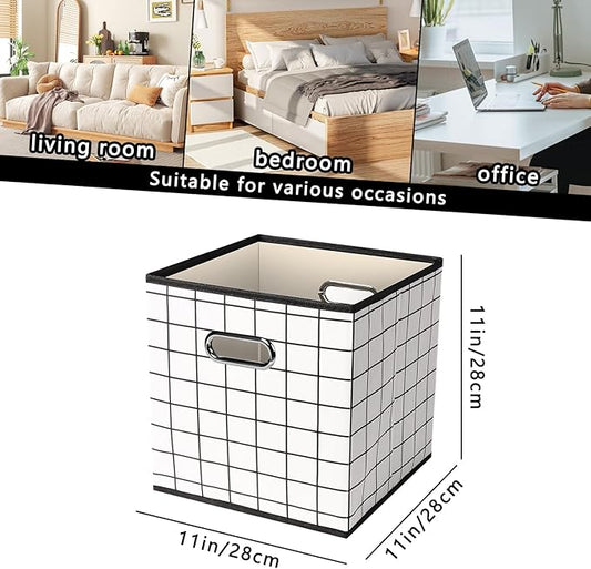 Yunkeeeper storage bins Cubes, Fabric Cube Organizer with Handle, Foldable Cube Bins for Cloth or Accessary Storage, 11x11x11, Set of 6, (White grid)