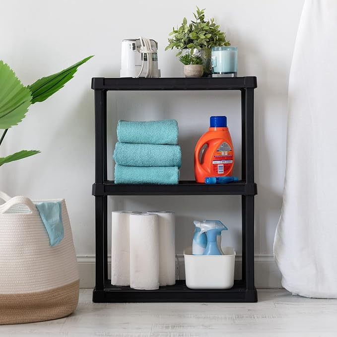 IRIS USA Plastic Storage Shelves |Made in USA| 33"H x 24"W x 12"D - Black | Light Duty Rack Organizer, 150lb Total Capacity, 50lb Per Shelf, Shelving Unit for Bathroom, Laundry, Home & Pantry