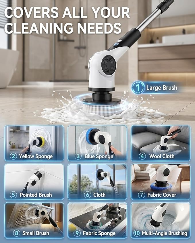 Electric Spin Scrubber, 3-Speed Shower Scrubber with Long Handle & 10 Replaceable Brush Heads, Cordless Full-Body IPX7 Waterproof Shower Cleaner Brush with 90 Mins Runtime for Bathroom