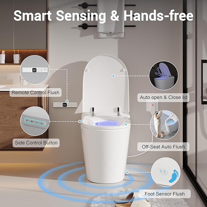 Smart Toilet with Tank, Luxury Elongated Electric Bidet Toilet with Cleaner Tablets, Heated Seat, Dual Auto Flush/Lid&Seat, Foot Sensor, UV-C light, One Piece Toilets with Dryer, LED Display