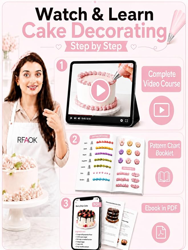 RFAQK 90PCs Cake Decorating Kit with Leveler, Baking Supplies Gift Includes Cake Stand Turntable, 24 Numbered Icing Tips, 55+1 Piping Bags, 2 Frosting Spatulas, 3 Scrappers, Video Course & Booklet