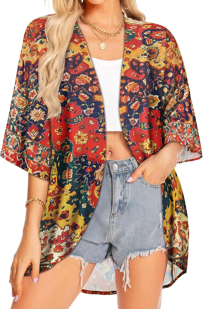 Women Kimono Cardigans Summer Cover Up Hawaiian Shirts Floral Print Tops | ROSEMIA chiffon kimono open front cardigans, beach cover ups, daily casual tops, cruise outfits, summer resort wear