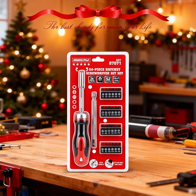 26-Piece Ratcheting Screwdriver Bit Set with 1/4" Magnetic Ratchet Driver, S2 Steel Bits, Telescopic Magnetic Extension Rod, Torx Phillips Slotted & Hex Bits Kit for Home Repair, Garage and DIY