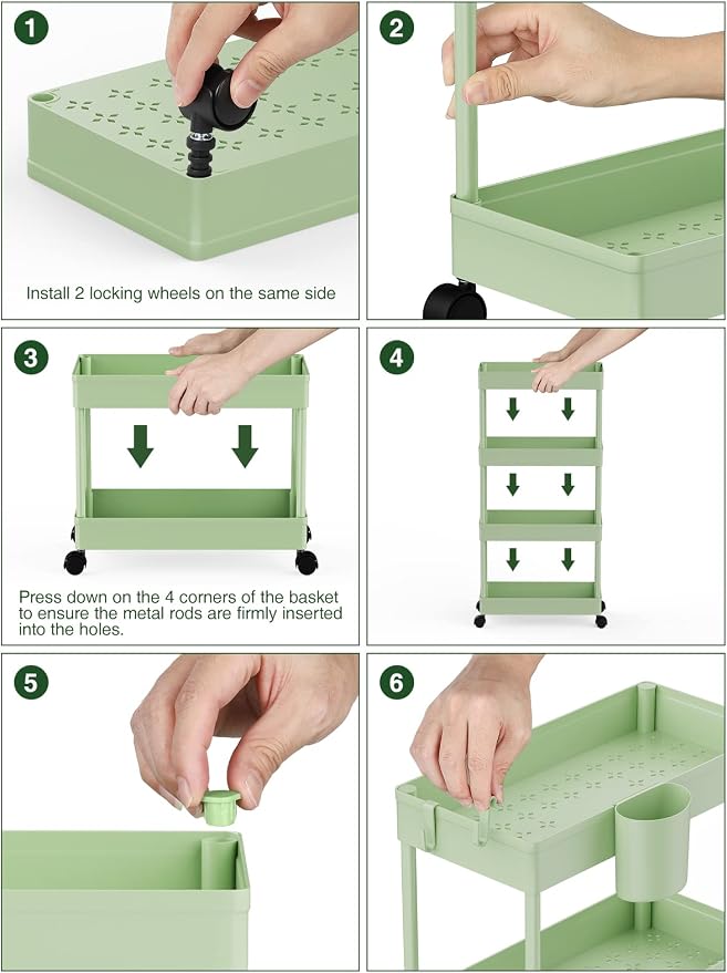 LEHOM Slim Rolling Storage Cart - 4 Tiers Bathroom Organizer Utility Cart | Slide Out Storage Shelves Mobile Shelving Unit for Kitchen, Bedroom, Office, Laundry Room, Small Narrow Spaces (7.1" W+Green)