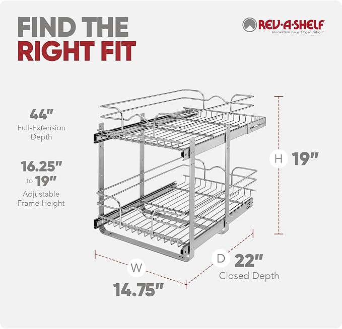 Rev-A-Shelf Pullout Organizer for Cabinets, Min Opening Width of 15" | Two-Tier Steel Shelf for Kitchen or Vanity Cabinet Organization, Heavy Gauge Wire Slide Out Storage Basket, 5WB2-1522CR-1