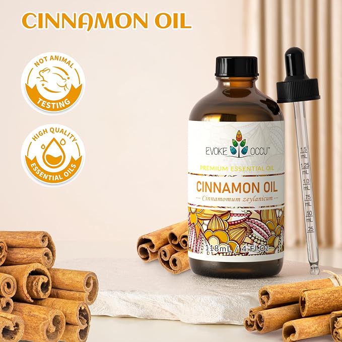 EVOKE OCCU Cinnamon Essential Oil for Diffuser, Spray & Skin Care | Brings Long-Lasting Warm Aroma, Relaxing Spirit Uplift, Versatile Holiday DIY & Household Cleansing -118ml /4 fl oz