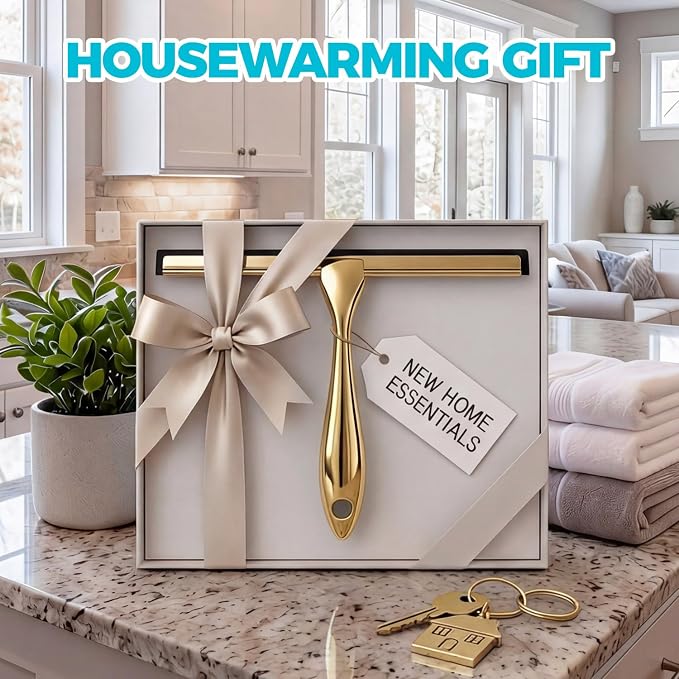 ALFLOD 2pcs Shower Squeegee for Glass Doors with Adhesive Hanging Hook Set | 12” gold, bathroom accessories, window cleaner, new home essentials, soft rubber blade, metal handle, ergonomic grip