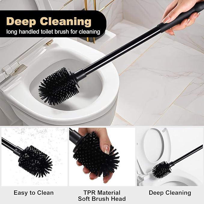 Silicone Toilet Bowl Brush and Holder 2 Pack Long Handle Toilet Brush for Bathroom Flexible Silicone Toilet Brush Set for Domestic Deep Cleaning Under Rims (Black)