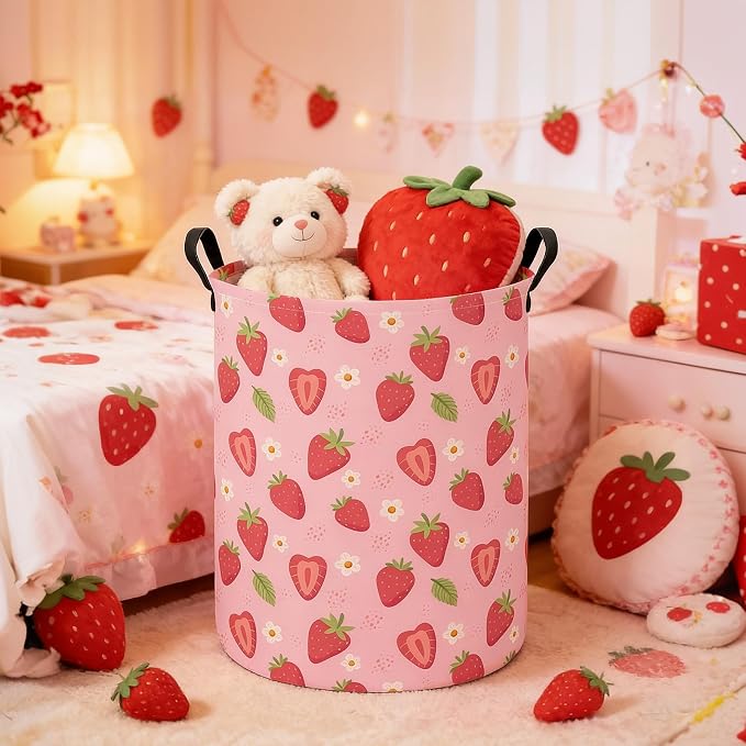 Round Laundry Basket Collapsible Storage Hamper Flower Strawberry | Waterproof Canvas Foldable Baskets with sturdy Handles Multi-scene Organizer for Home Play Bedroom Gift Bin