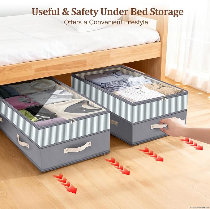 Dolicer 2 Pack Under Bed Storage with Wheels, 6in-10in Height Adjustable Underbed Storage Containers, 92L XXXL Under Bed Drawers Rolling Bin with Clear Lids for Shoes Clothes Organizers(Gray Stripes)
