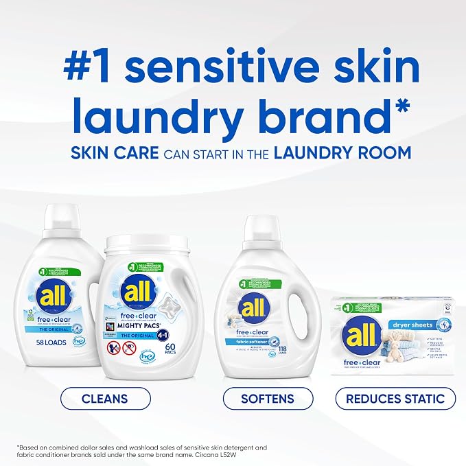 all free clear Fabric Softener Dryer Sheets for Sensitive Skin, 195 Count, Hypoallergenic, Unscented, Dye Free, Controls Static Cling, Reduces Wrinkles, Dermatologist Tested, HE Safe