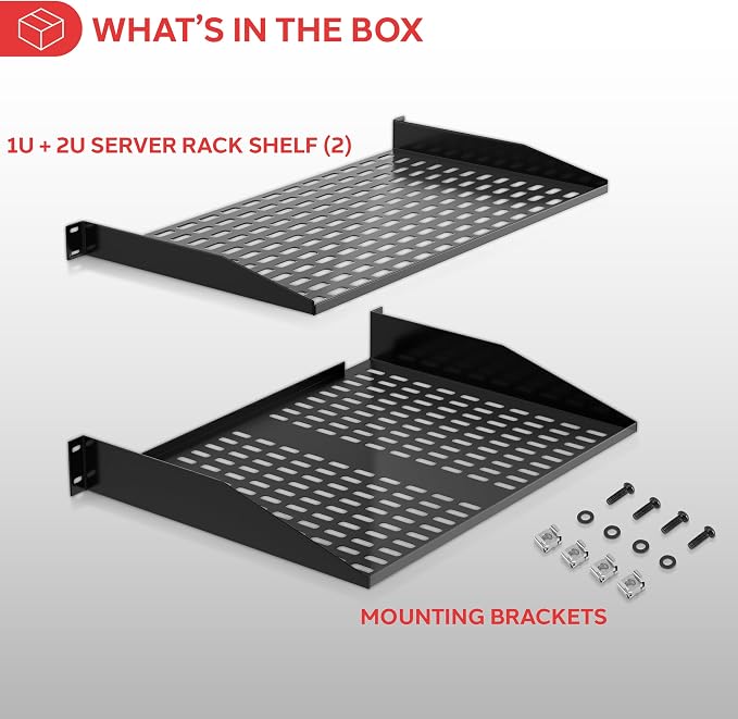 Pyle 19-Inch 2U 2 Pack Server Rack Shelves - Server Rack Mount Tray, Cantilever Mount, Wall Mount Rack, Computer Case Mounting Tray, Black - Pyle PLRSTN62U