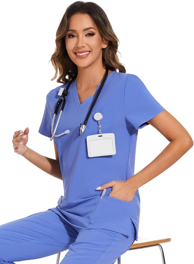 Scrubs Tops for Woman - Soft Stretch, V-Neck Tops | 3 Pockets, Side Split Design, Short Sleeve, Breathable & Lightweight Nursing Shirt, Easy-Care Fabric for All-Day Comfort