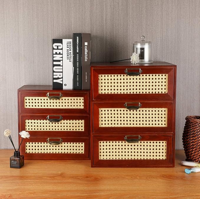 GoooodGIFT Wooden Drawers Small Wooden Box with Drawer, Brown | 3 Drawer Wood Storage Box , Vintage Desktop Organizer with Drawers, Desk Organizers for Library Card Catalog Cabinet
