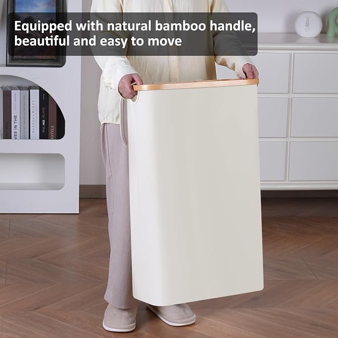 Slim Laundry Hamper,Narrow laundry Hamper with Lid,60L Hamper for Laundry,Dirty Cloth Hamper with Bamboo Handle for Towels, Clothes Organizing,Beige