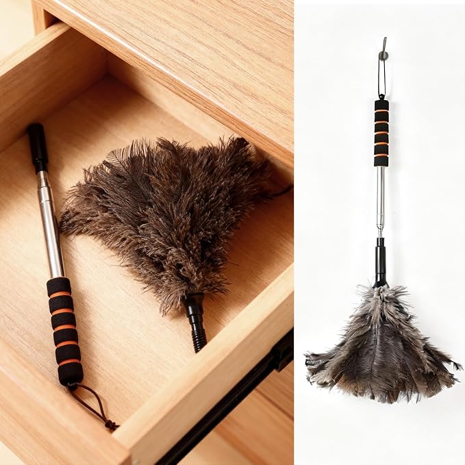 Extendable Ostrich Feather Duster 26-55 Inch, Natural Cleaning Duster with Sponge Grip and Stainless Steel Extension Pole Reusable for High Ceilings, Fans, Blinds, Furniture, Interior & Roof Dusting.