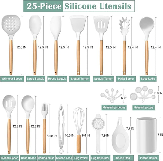 E-far White Cooking Utensils Set with Holder, 25-Piece Silicone Kitchen Utensil Set with Wooden Handle for Nonstick Cookware, 446°F Heat Resistant Kitchen Tool Spatula Tongs Whisk, Non-toxic & Healthy