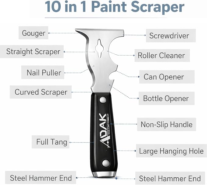 Adak 10-in-1 Paint Scraper and Painter’s Tool – Multi-Purpose Painter’s Knife, Putty & Spackle Scraper for Wood, Metal & Wall Repairs – Ideal for Painting, Cleaning & Finishing Jobs
