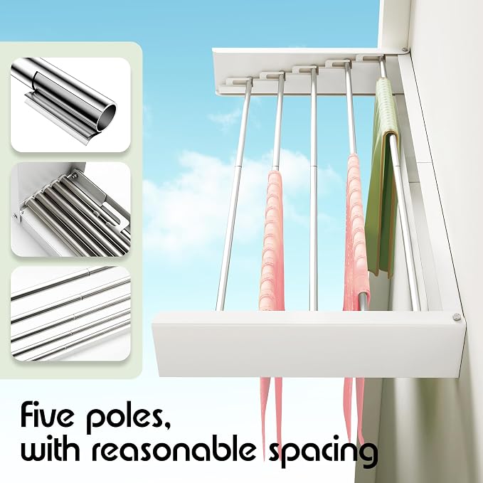 BOQORAD Clothes Drying Rack Wall Mounted 32“,Drying Rack Clothing Wall Mount,Laundry Drying Rack,Wall Mounted Clothes Hanging Rack (White)