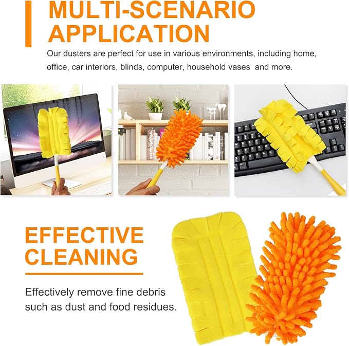 2 Pcs with 1 Handle Reusable Duster Refills, Washable Microfiber Dusters, 360°Cleaning Tools for Home, Office, Blinds, Car, Pet, Furniture, Fan
