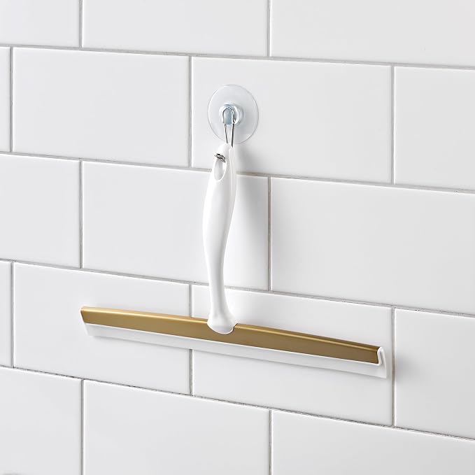 iDesign Bathroom Shower Squeegee, White/Soft Brass | Wall Hook Included