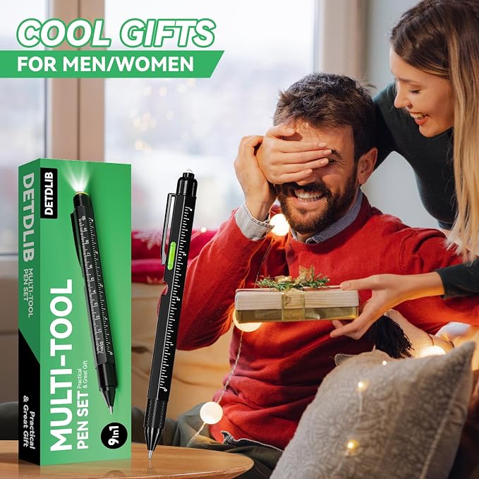 9-in-1 Multitool Pen, Black | with LED Light, Stylus, Level, Ruler, Bottle Opener, Screwdriver, Gifts for Men, Women, Dad, Husband, Birthday Gifts for Men