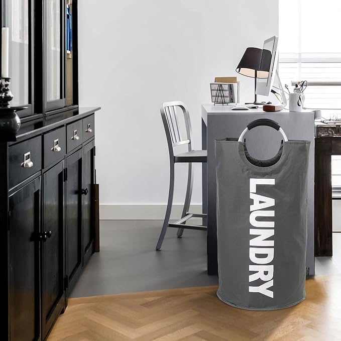 DOKEHOM 90L Large Laundry Basket Bag, Collapsible Tall Hamper, Dark Grey | Freestanding tall washing bin & foldable laundry bag. High-capacity clothes storage basket with durable sturdy handles