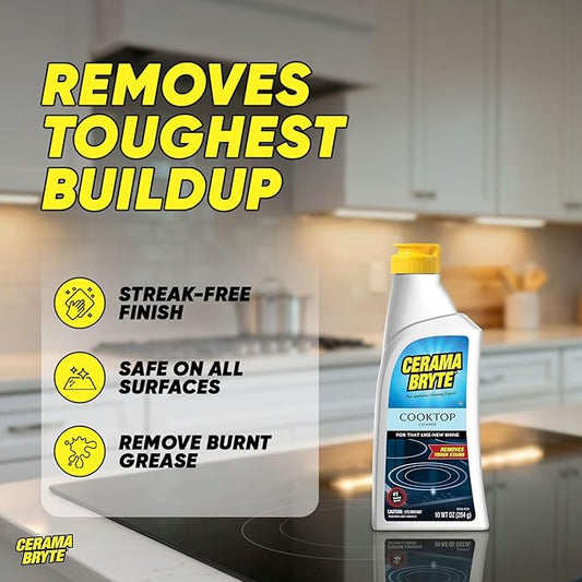 Cerama Bryte Glass Cooktop and Stove Top Cleaner Combo Kit - Includes Cleaning Tool, Razor, Scraper and 1 Pad to Remove Tough Stains - Use on Gas, Electric, Ceramic Surfaces, 10 Ounces, 4 Piece